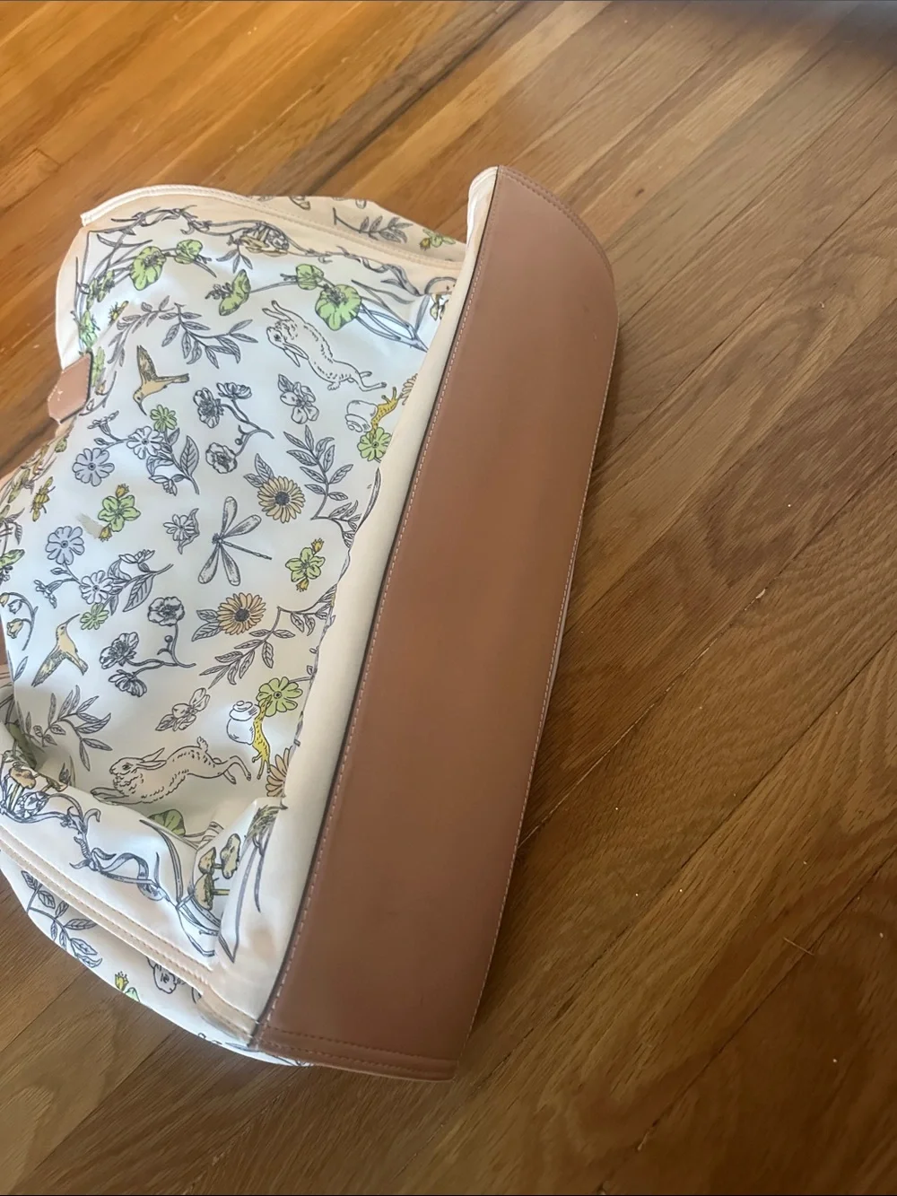 Cream Floral Tote with Tan Leather Accents